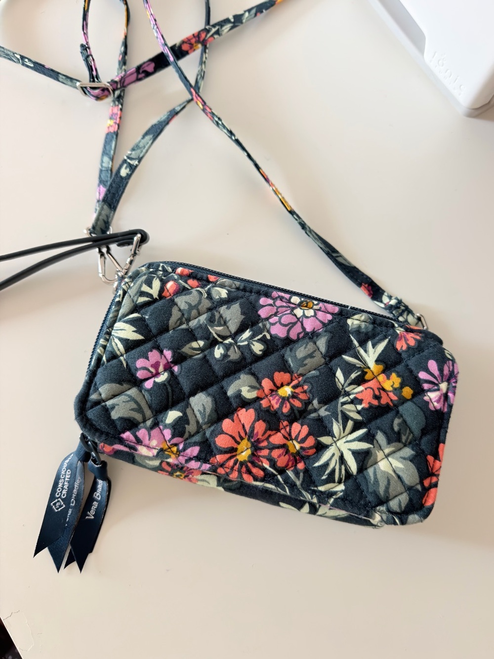 Vera Bradley Green Quilted Floral Crossbody Wristlet with Pink & Orange Blooms